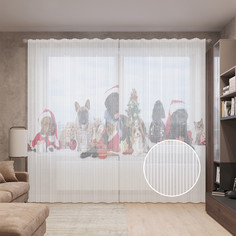 Тюль вуаль на шторной ленте с принтом JoyArty "Собаки-Санты", 310х265 см