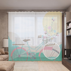 Тюль вуаль на шторной ленте с принтом JoyArty "Велосипед с цветами", 310х265 см