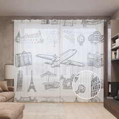 Тюль вуаль на шторной ленте с принтом JoyArty "Коллекция путешественника" 310х265 см