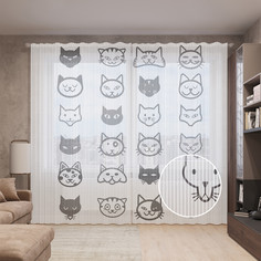Тюль вуаль на шторной ленте с принтом JoyArty "Кошачьи маски", 310х265 см