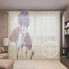 Тюль вуаль на шторной ленте с принтом JoyArty "Штрихованные цветы", 310х265 см
