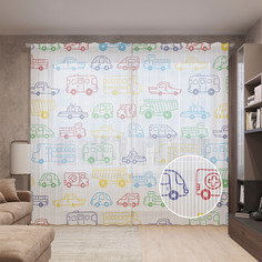Тюль вуаль на шторной ленте с принтом JoyArty "Контурные машины", 310х265 см