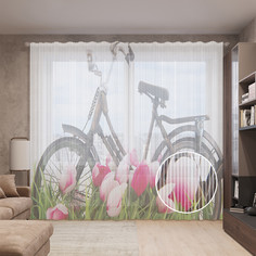 Тюль вуаль на шторной ленте с принтом JoyArty "Велосипед в цветах", 310х265 см