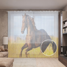Тюль вуаль на шторной ленте с принтом JoyArty "Полевой конь", 310х265 см