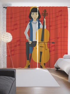 Шторы с фотопечатью JoyArty "Женщина с музыкальным инструментом" из сатена, 290х265 см