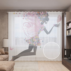 Тюль вуаль на шторной ленте с принтом JoyArty "Цветочная фея", 310х265 см