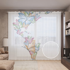 Тюль вуаль на шторной ленте с принтом JoyArty "Раскраска с бабочками", 310х265 см