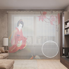 Тюль вуаль на шторной ленте с принтом JoyArty "Кормление рыб кои", 310х265 см