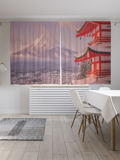 Шторы JoyArty с фотопечатью "Японский домик на фоне фудзиямы" из сатена, 290х180 см