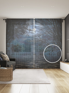 Фототюль JoyArty "Ночной лес над рекой", 145x265см, 2 полотна, лента, 50 крючков