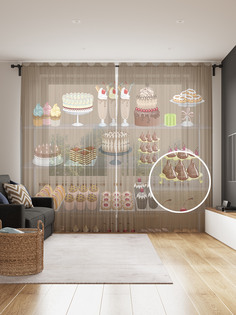 Фототюль JoyArty "Пирожные на этажерке", 145x265см, 2 полотна, лента, 50 крючков