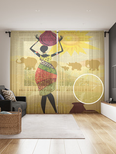 Фототюль JoyArty "Африканка с кувшином", 145x265см, 2 полотна, лента, 50 крючков