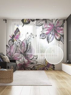 Фототюль JoyArty "Бабочки в цветах", 145x265см (2 полотна со шторной лентой + 50 крючков)