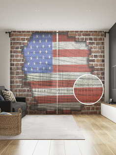 Фототюль JoyArty "Флаг США на кирпичах", 145x265см, 2 полотна, лента, 50 крючков
