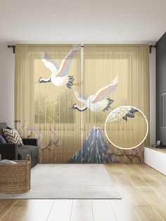 Фототюль JoyArty "Журавли над вершиной" 145x265см, 2 полотна, лента, 50 крючков