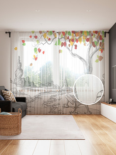 Фототюль JoyArty "Нарисованная скамейка и дерево" 145x265см, 2 полотна, лента, 50 крючков