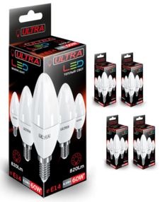 Лампочка свеча Ultra Led С37 8,5W E14, Теплый белый свет, E14, 8.5 Вт, Светодиодная, 5 шт.