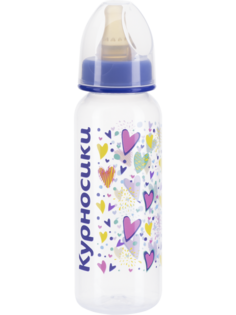 Бутылочка Курносики с латексной соской молочной, 250 мл., синий, сердечки