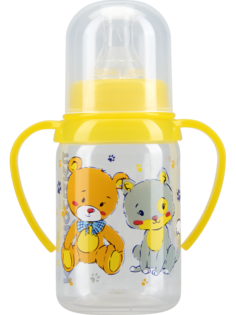 Бутылочка Курносики с ручками с силиконовой соской молочной, 125 мл, желтый, мишка с кисой