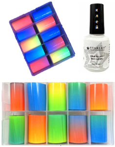 Переводная фольга для дизайна ногтей (литья) неоновый градиент + клей Starlet Professional