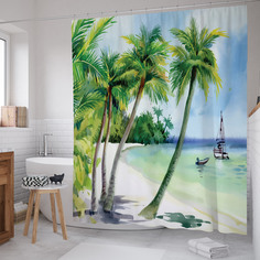 Штора для ванной JoyArty "Парусник и шлюпка" из сатена, 180х200 см с крючками