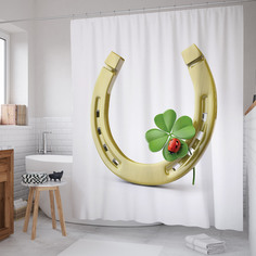 Штора для ванной JoyArty "Золотая подкова с клевером" из сатена, 180х200 см с крючками