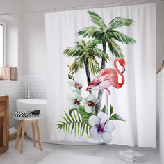 Штора для ванной JoyArty "Фламинго под пальмой акварель" из сатена, 180х200 см с крючками