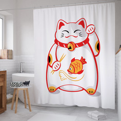 Штора для ванной JoyArty "Японский кот удачи" из сатена, 180х200 см с крючками