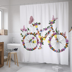 Штора для ванной JoyArty "Цветочный велосипед с бабочками" из сатена, 180х200см с крючками