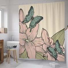 Штора для ванной JoyArty "Бабочки на цветах" из сатена, 180х200 см с крючками