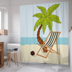 Штора для ванной JoyArty "Шезлонг под пальмой на пляже" из сатена, 180х200 см с крючками