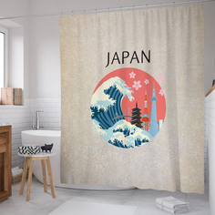 Штора для ванной JoyArty "Достопримечательности Японии" из сатена, 180х200 см с крючками