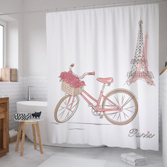 Штора для ванной JoyArty "Цветочный велосипед в Париже" из сатена, 180х200 см с крючками
