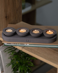 Набор подсвечников (4 шт.) и декоративный поднос (30x10 см), бетон, черный матовый Musko Home