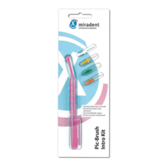 Набор Miradent Pic-Brush Intro Kit: 4 ершика разного размера + ручка Розовая
