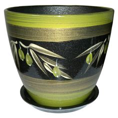 Черный с зеленым керамический горшок для цветов Сады Аурики "Калатея" 12 см, 1 л, 1 шт.