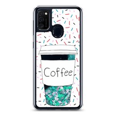 Жидкий чехол с блестками "Coffee прозрачный стакан" на Samsung Galaxy M21 Awog