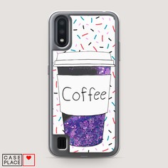 Жидкий чехол с блестками "Coffee прозрачный стакан" на Samsung Galaxy A01 Awog