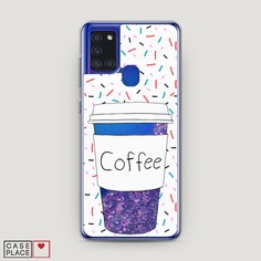 Жидкий чехол с блестками "Coffee прозрачный стакан" на Samsung Galaxy A21s Awog