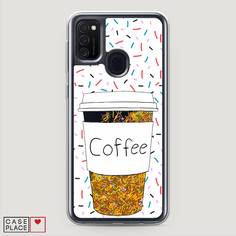 Жидкий чехол с блестками "Coffee прозрачный стакан" на Samsung Galaxy M30s Awog