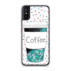 Жидкий чехол с блестками "Coffee прозрачный стакан" на Xiaomi Redmi 9A Awog