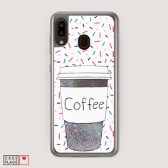 Жидкий чехол с блестками "Coffee прозрачный стакан" на Samsung Galaxy A20 Awog