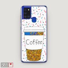 Жидкий чехол с блестками "Coffee прозрачный стакан" на Samsung Galaxy A21s Awog