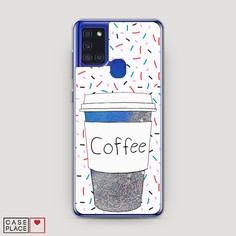 Жидкий чехол с блестками "Coffee прозрачный стакан" на Samsung Galaxy A21s Awog