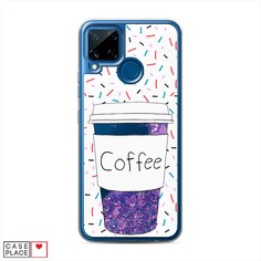 Жидкий чехол с блестками "Coffee прозрачный стакан" на Realme C15 Awog