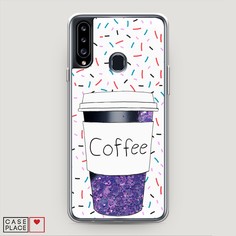 Жидкий чехол с блестками "Coffee прозрачный стакан" на Samsung Galaxy A20s Awog
