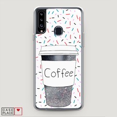 Жидкий чехол с блестками "Coffee прозрачный стакан" на Samsung Galaxy A20s Awog