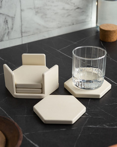 Подставка под горячее Hex Flat (4 шт. + подставка), 10x10 см, бетон, кремовый глянцевый Musko Home