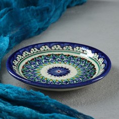 Тарелка Риштанская Керамика "Цветы", синяя, плоская, 15 см, микс No Brand