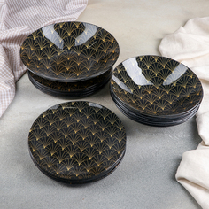 Набор Доляна Золотое перо салатник, 6 десерт тарелок, 6 обед тарелок, 6 мисок, чёрный